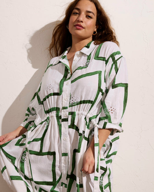 Paros Drawstring Linen Blend Shirtdress - Green Paint Print | Universal Standard