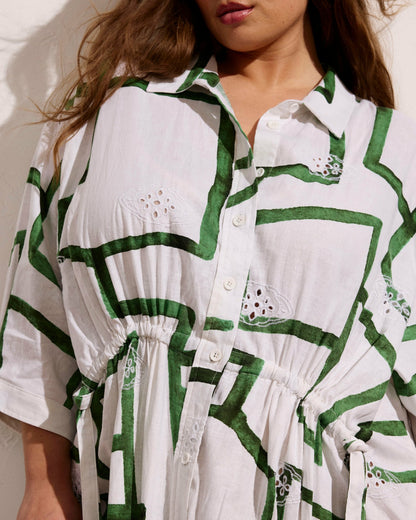 Paros Drawstring Linen Blend Shirtdress - Green Paint Print | Universal Standard