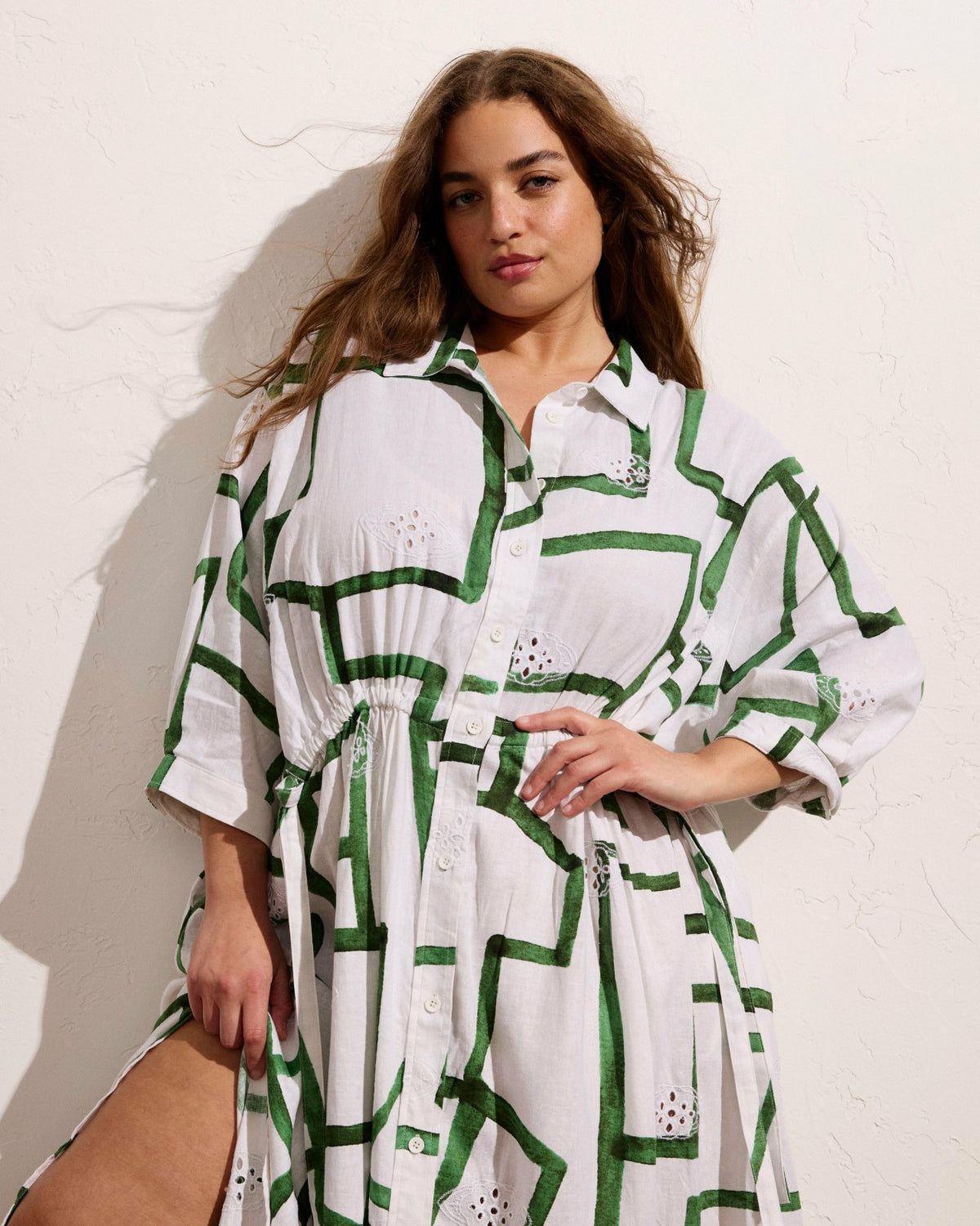 Paros Drawstring Linen Blend Shirtdress - Green Paint Print | Universal Standard