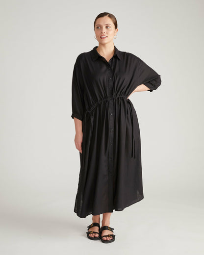 Paros Drawstring Linen Blend Shirtdress - Black | Universal Standard