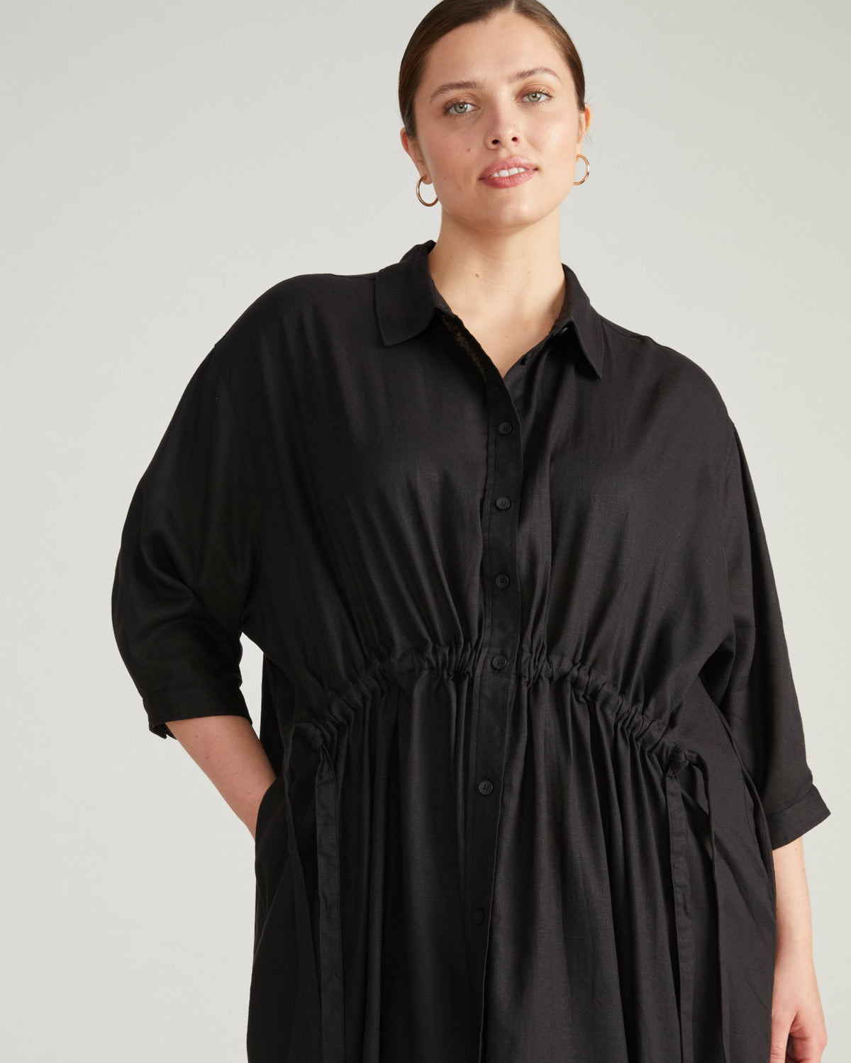 Paros Drawstring Linen Blend Shirtdress - Black | Universal Standard
