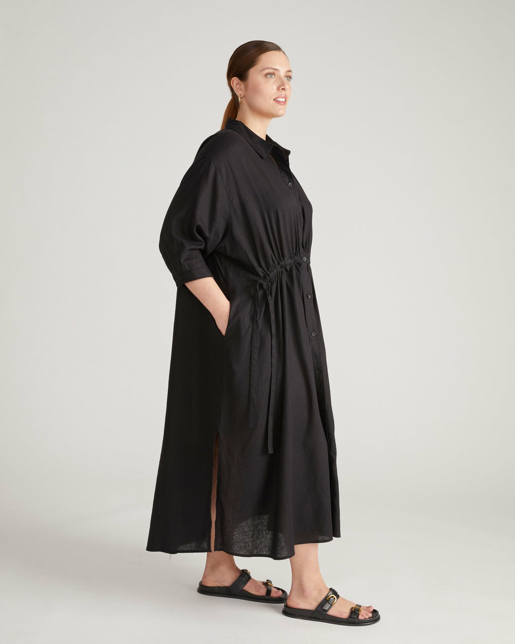 Paros Drawstring Linen Blend Shirtdress - Black | Universal Standard