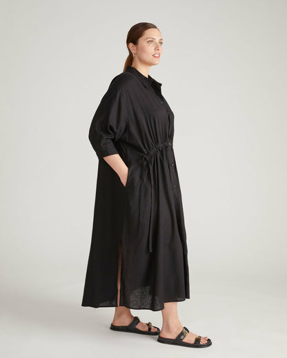 Paros Drawstring Linen Blend Shirtdress - Black | Universal Standard