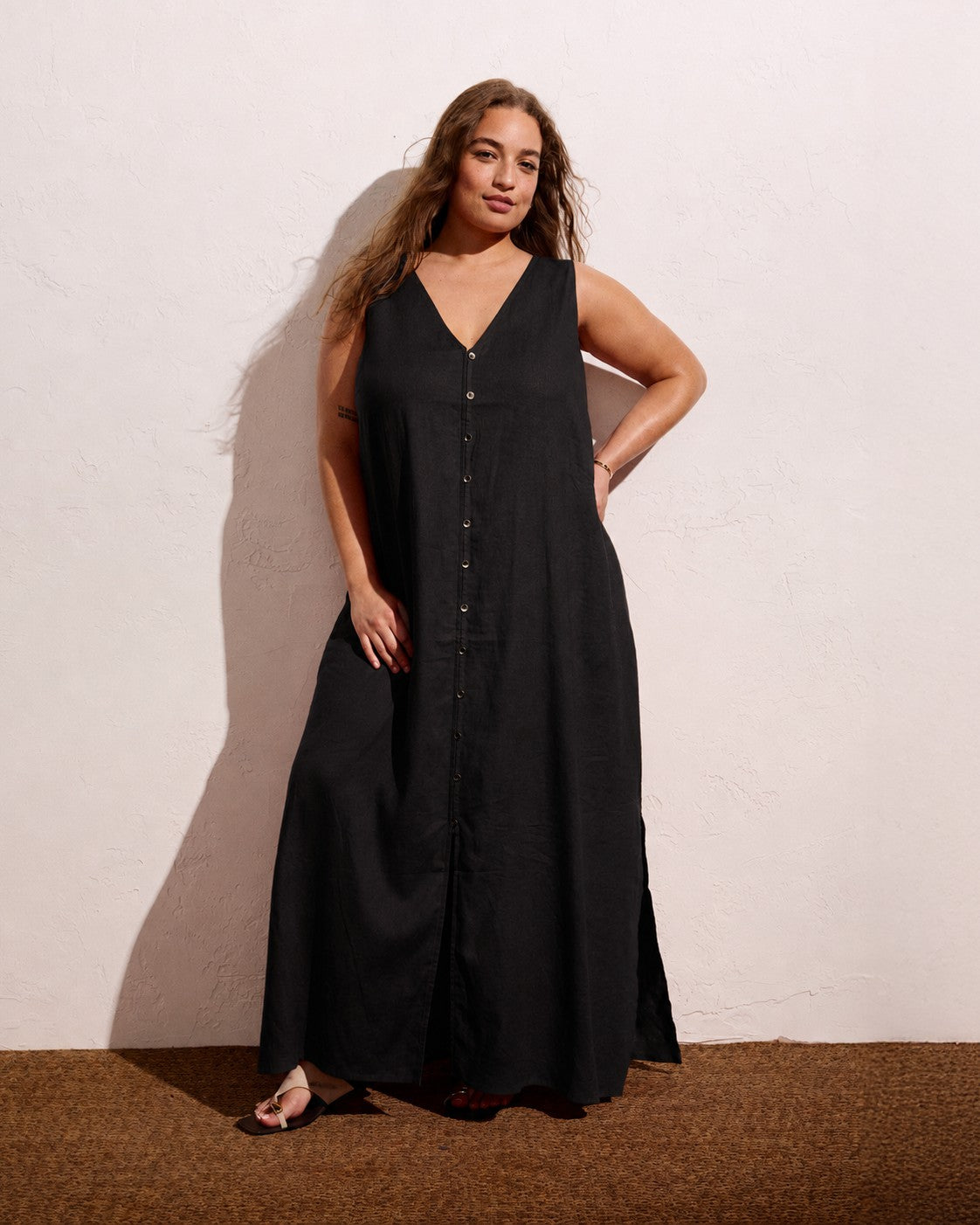 Islet Button-Down Linen Blend Maxi Dress - Black | Universal Standard