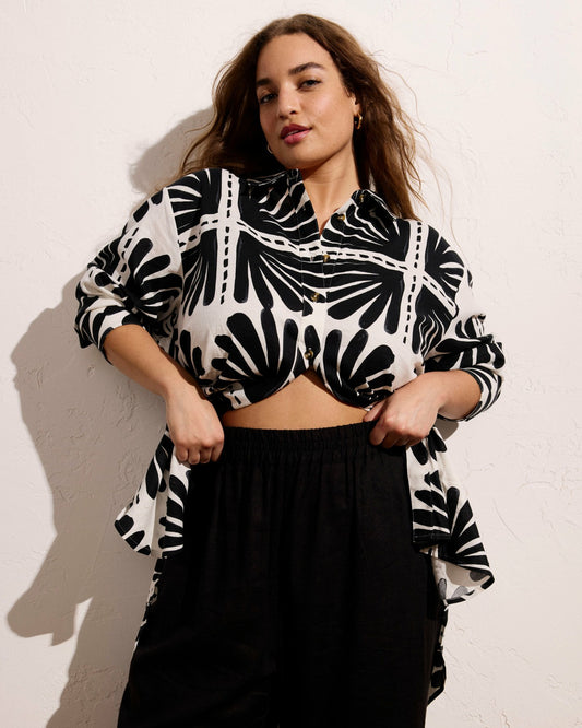 Dawn Linen Blend Hi Low Tunic - Ink Bloom Print | Universal Standard