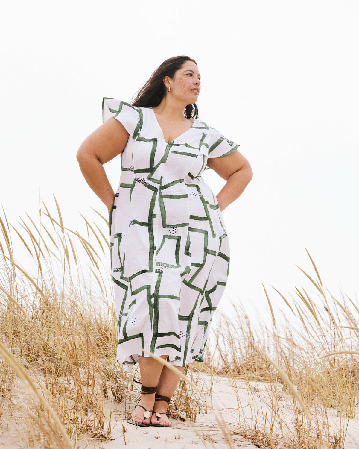 Victoria Linen Blend Dress - Green Paint Print | Universal Standard