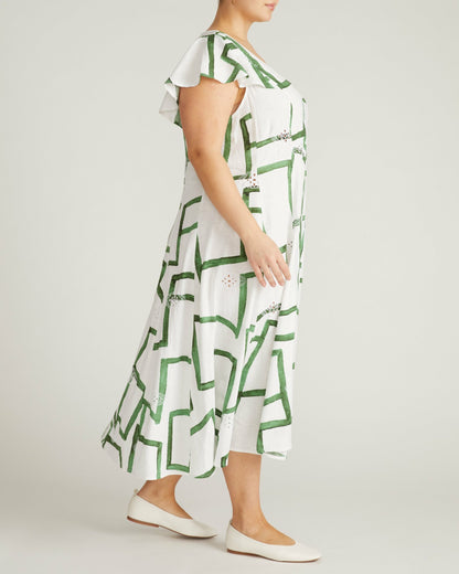 Victoria Linen Blend Dress - Green Paint Print | Universal Standard