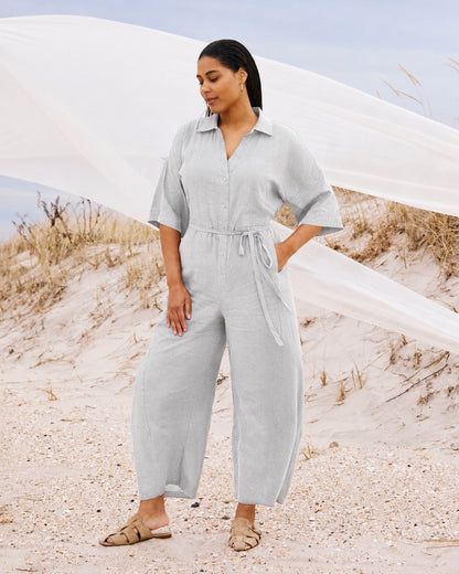 Maggie Barrel Leg Linen Blend Jumpsuit - Beach Stripe | Universal Standard