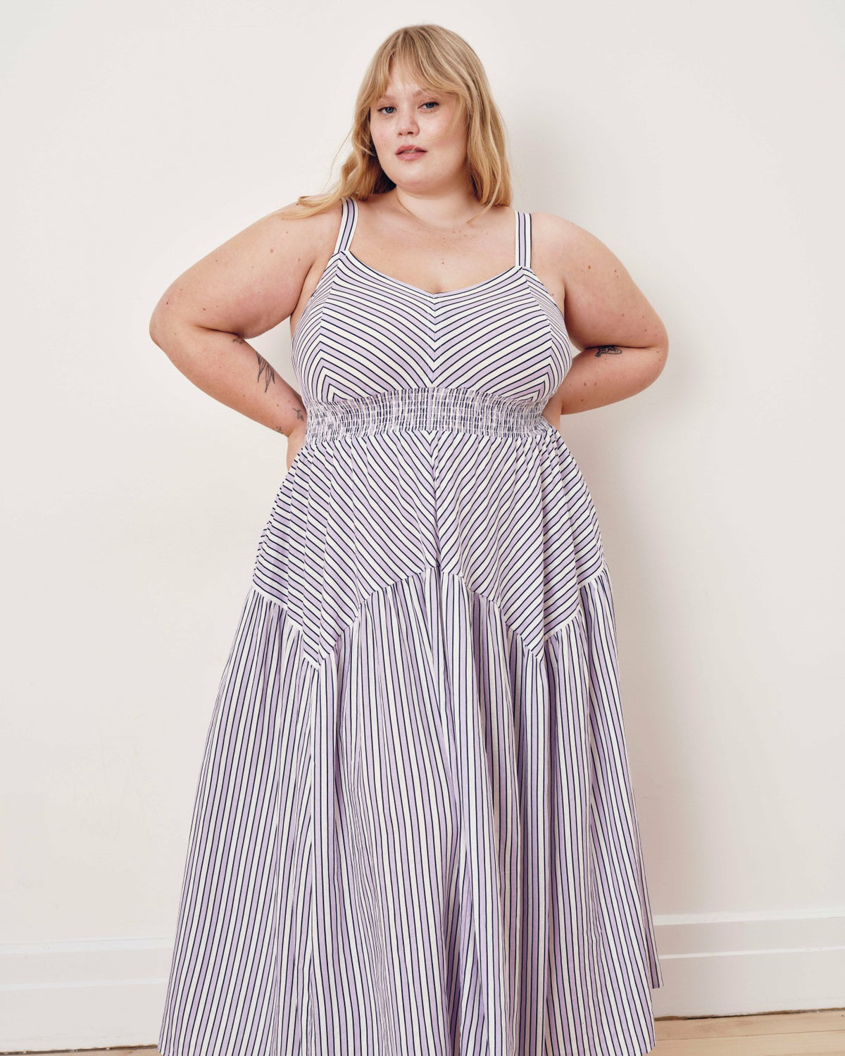 Ruby Smocked Linen Blend Sundress - Lilac Stripe Print | Universal Standard
