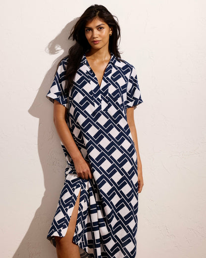 Padma Polo Neck Linen Blend Dress - Geometrica Print | Universal Standard