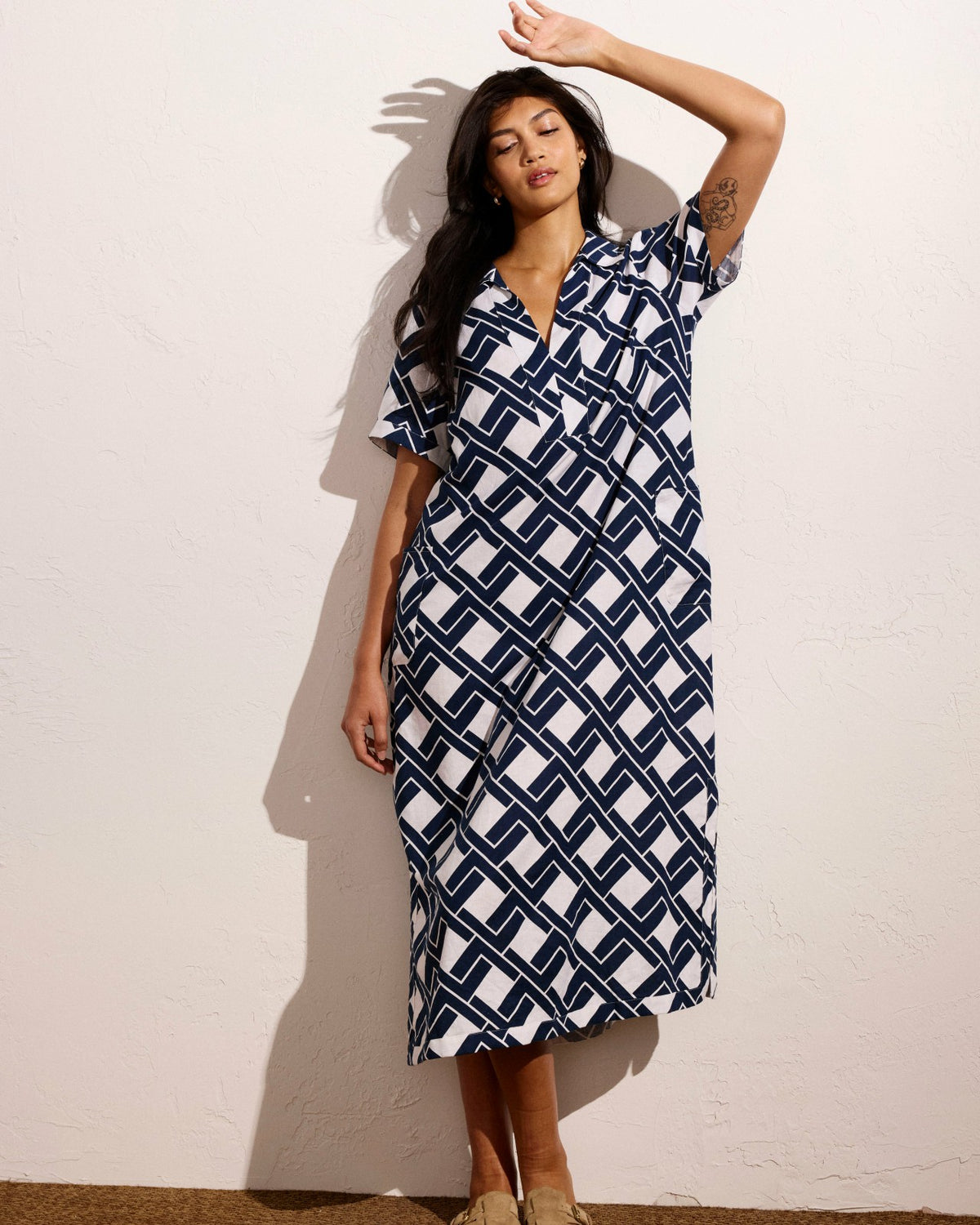 Padma Polo Neck Linen Blend Dress - Geometrica Print | Universal Standard