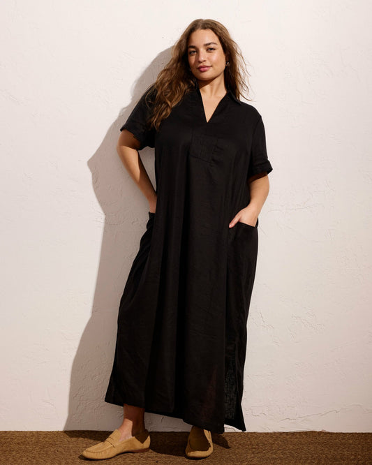 Padma Polo Neck Linen Blend Dress - Black | Universal Standard