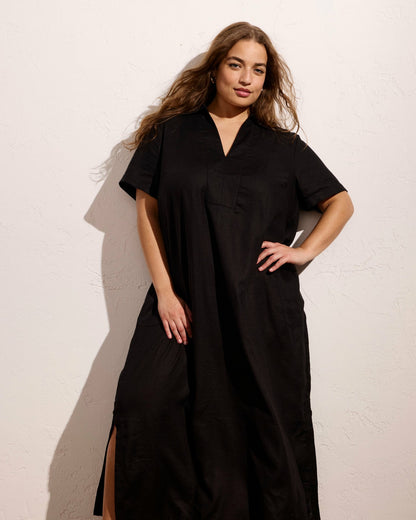 Padma Polo Neck Linen Blend Dress - Black | Universal Standard