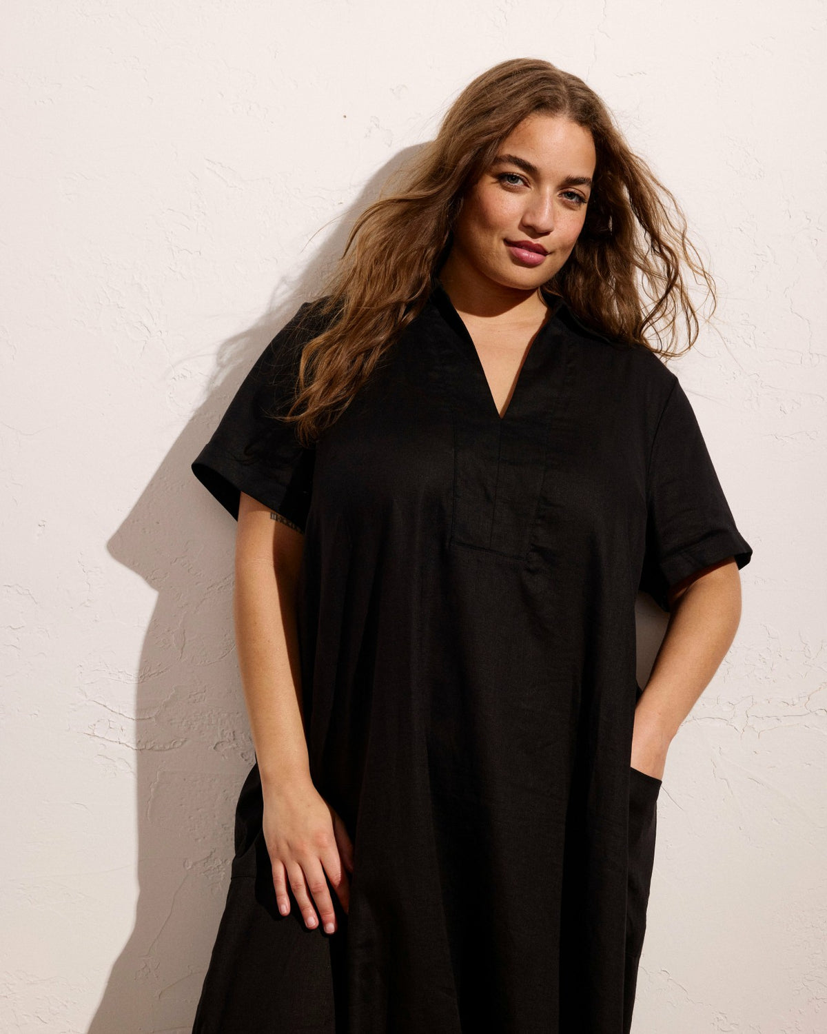 Padma Polo Neck Linen Blend Dress - Black | Universal Standard