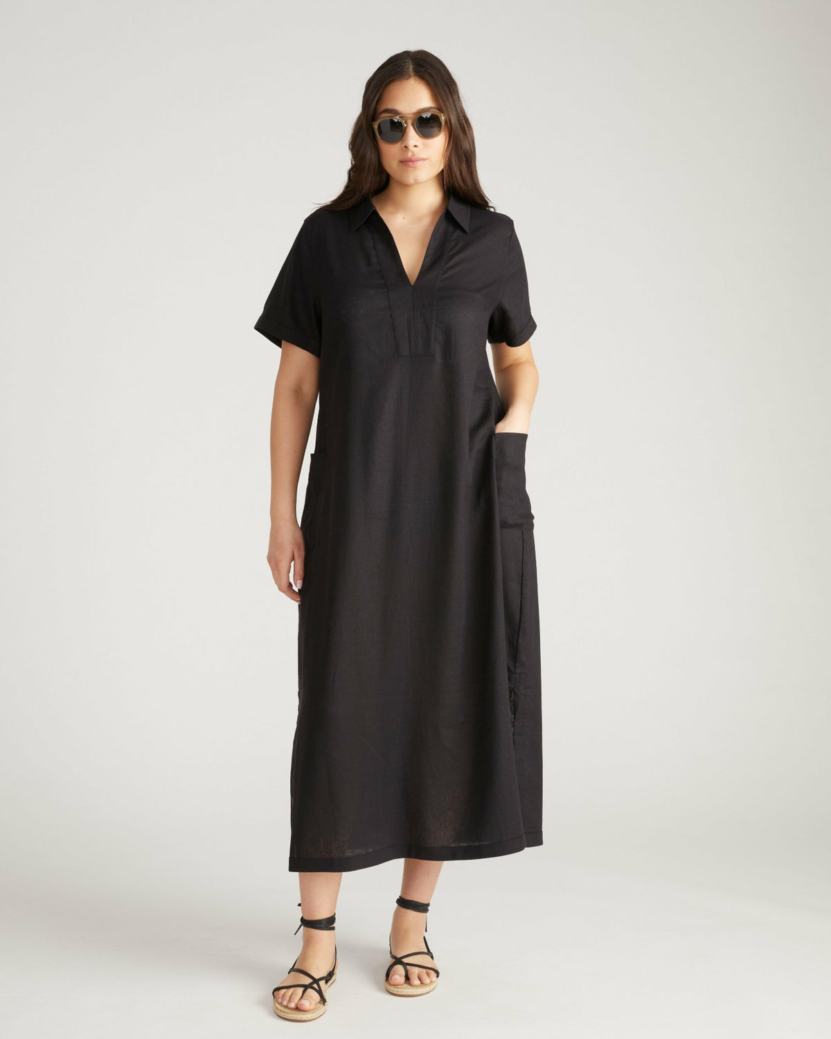 Padma Polo Neck Linen Blend Dress - Black | Universal Standard