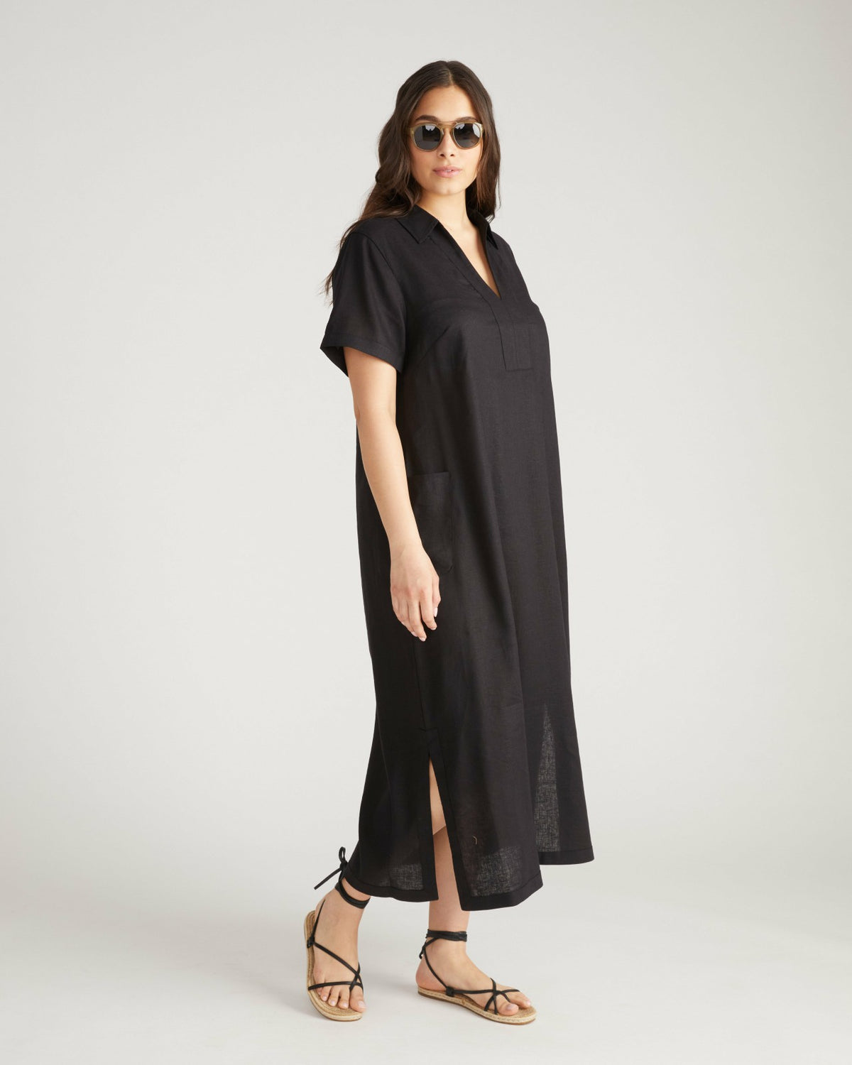 Padma Polo Neck Linen Blend Dress - Black | Universal Standard