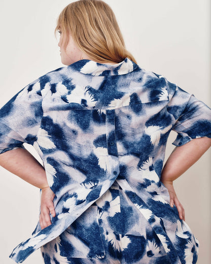 Button Back Linen Blend Polo Shirt - Blue Pressed Flower Print | Universal Standard
