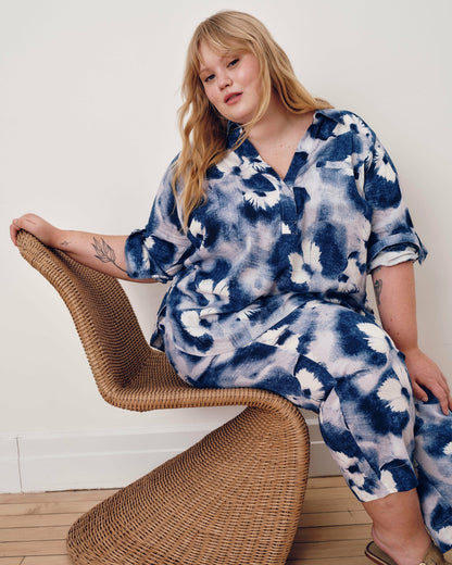 Button Back Linen Blend Polo Shirt - Blue Pressed Flower Print | Universal Standard