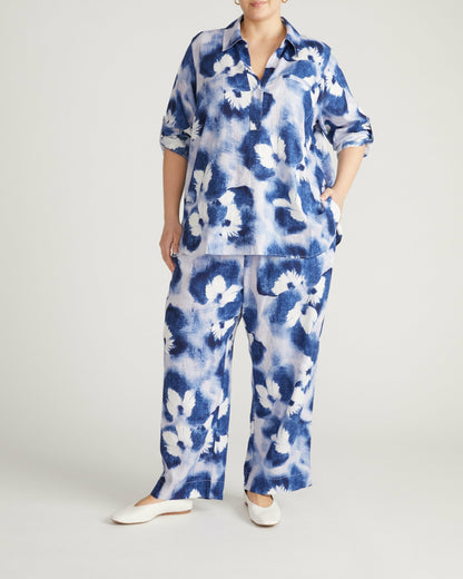 Button Back Linen Blend Polo Shirt - Blue Pressed Flower Print | Universal Standard