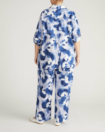 Button Back Linen Blend Polo Shirt - Blue Pressed Flower Print | Universal Standard