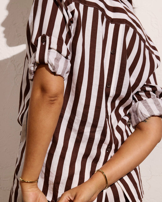 Button Back Linen Blend Polo Shirt - Peppercorn Stripe | Universal Standard