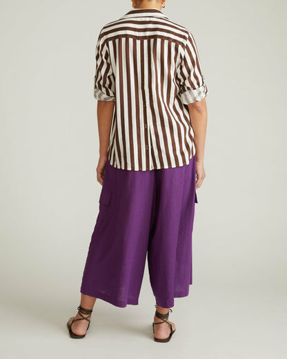 Button Back Linen Blend Polo Shirt - Peppercorn Stripe | Universal Standard
