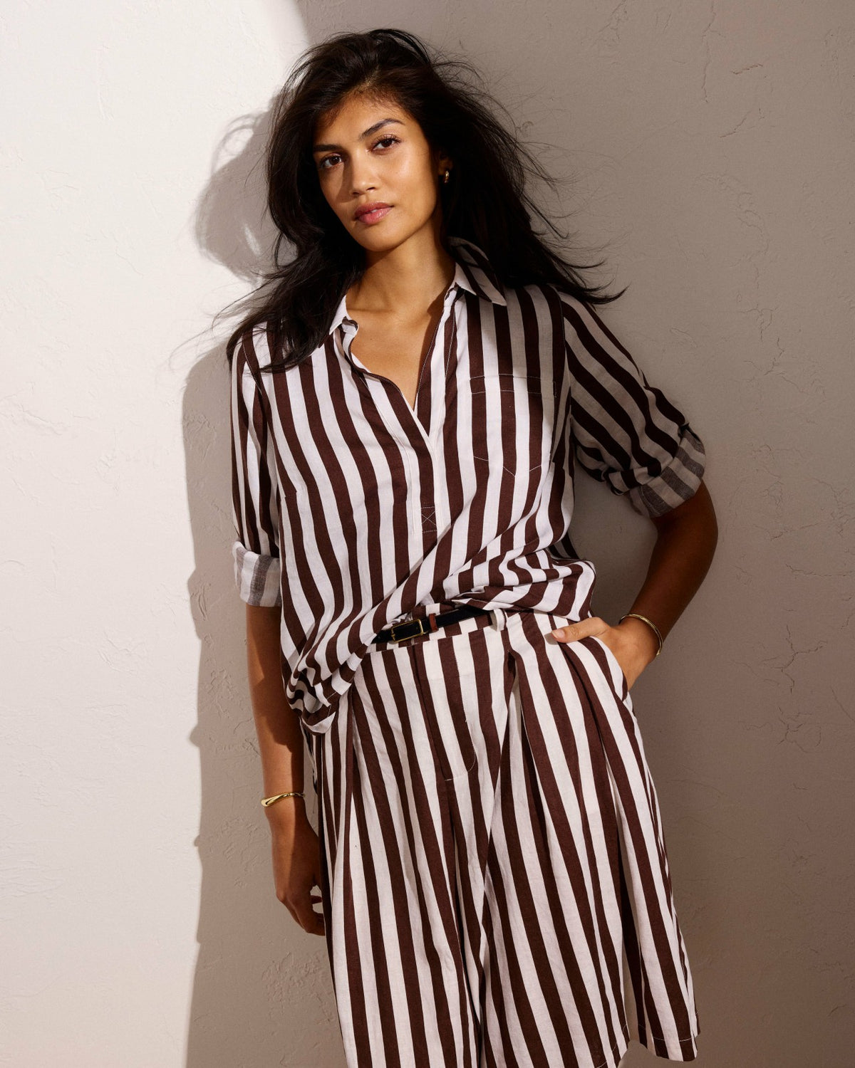 Button Back Linen Blend Polo Shirt - Peppercorn Stripe | Universal Standard
