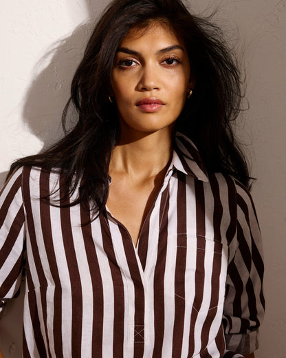 Button Back Linen Blend Polo Shirt - Peppercorn Stripe | Universal Standard