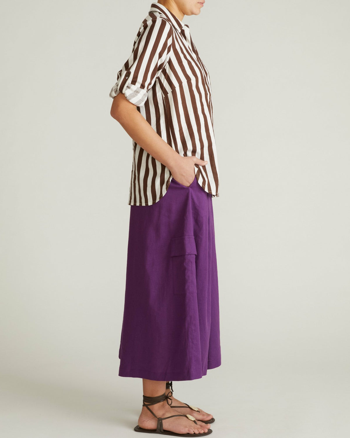 Button Back Linen Blend Polo Shirt - Peppercorn Stripe | Universal Standard