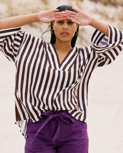 Elio V-Neck Linen Blend Top - Peppercorn Stripe | Universal Standard