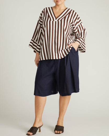 Elio V-Neck Linen Blend Top - Peppercorn Stripe | Universal Standard