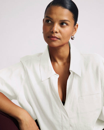 Button Back Linen Blend Polo Shirt - Bright White | Universal Standard