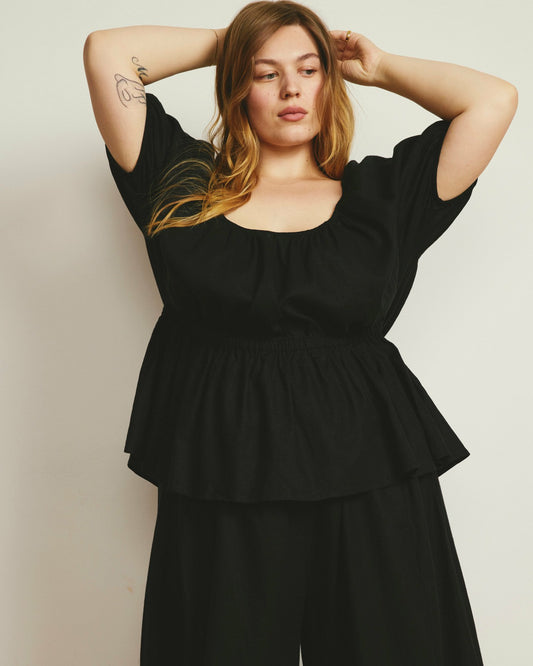Andrea Peplum Linen Blend Top - Black | Universal Standard