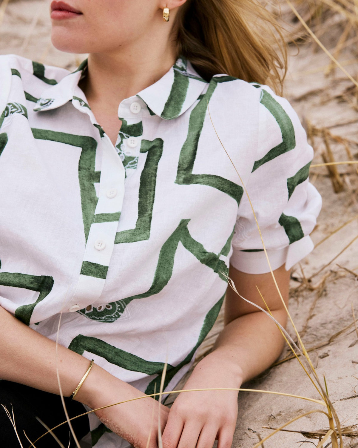 Luisa Short Sleeve Linen Blend Shirt - Green Paint Print | Universal Standard