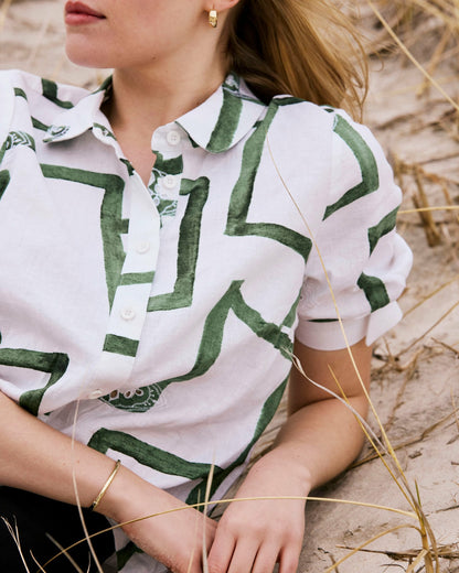 Luisa Short Sleeve Linen Blend Shirt - Green Paint Print | Universal Standard