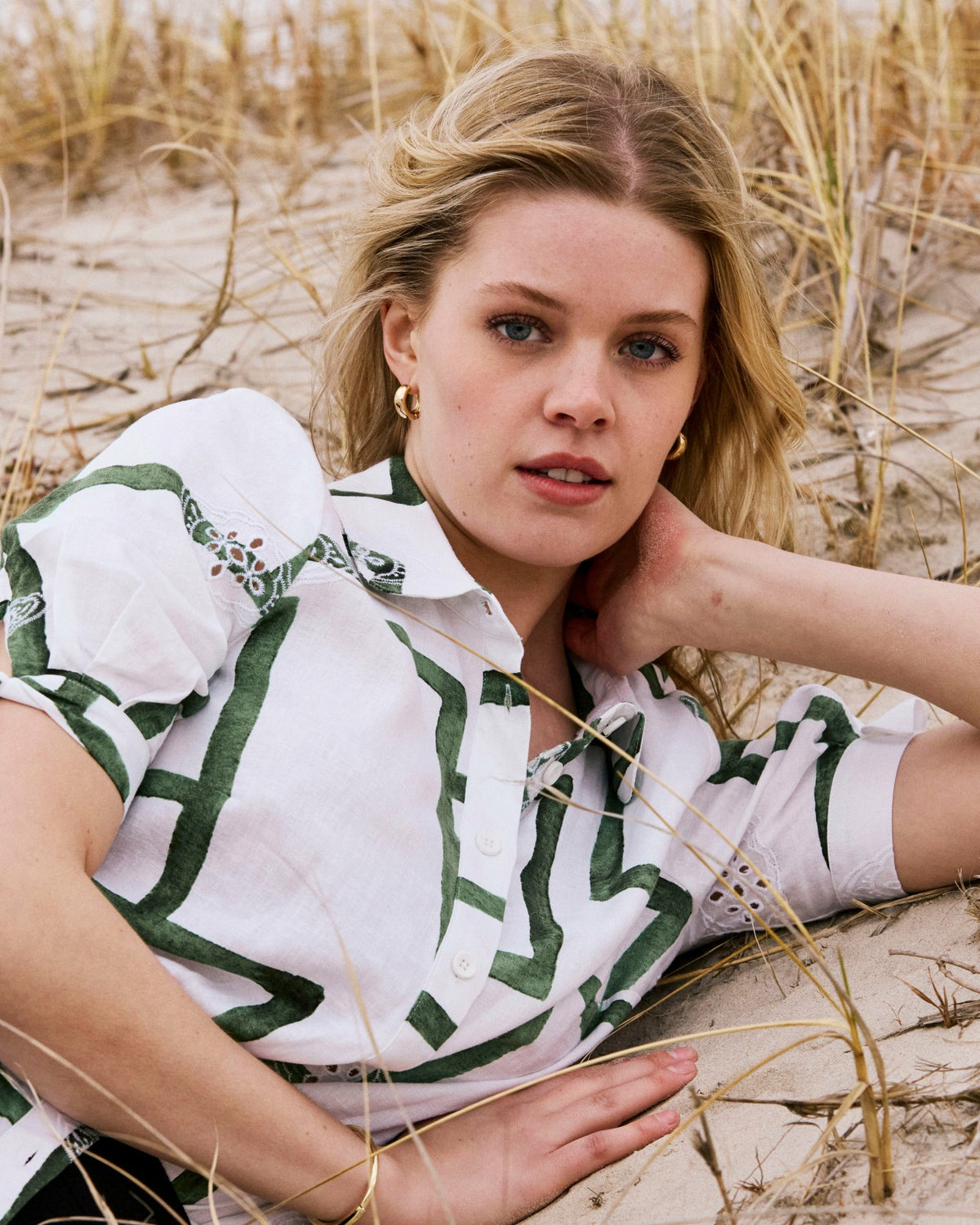 Luisa Short Sleeve Linen Blend Shirt - Green Paint Print | Universal Standard