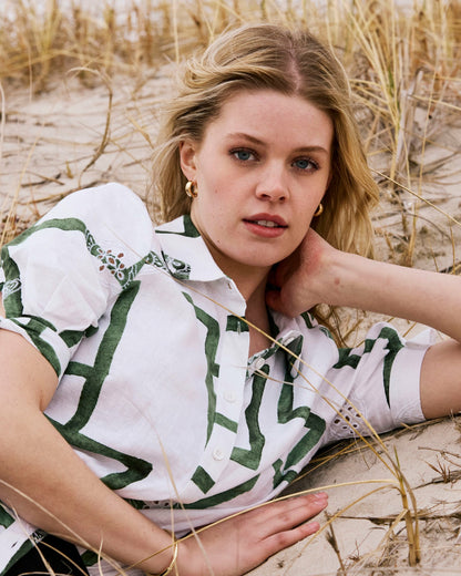 Luisa Short Sleeve Linen Blend Shirt - Green Paint Print | Universal Standard