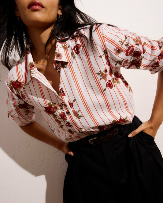 Dawn Linen Blend Hi Low Tunic - Wild Flower Bouquet Print on Stripes | Universal Standard