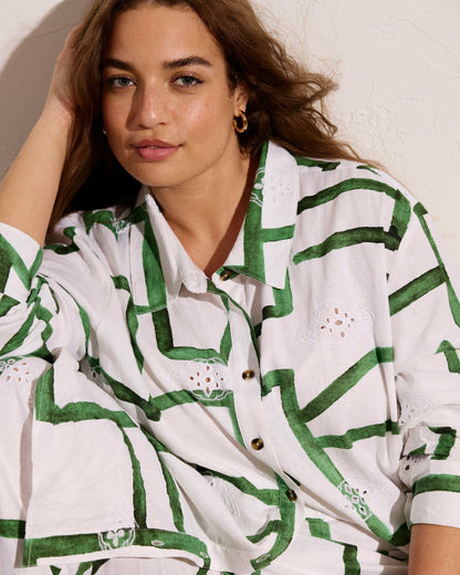 Dawn Linen Blend Hi Low Tunic - Green Paint Print | Universal Standard