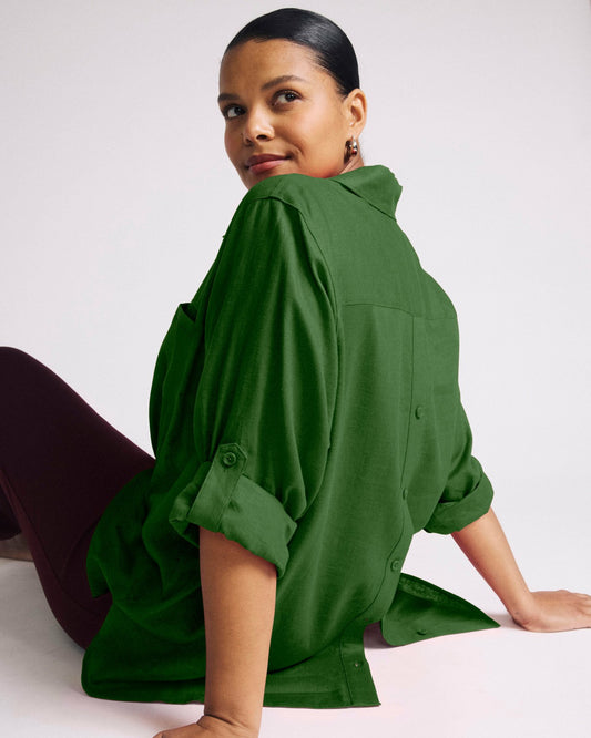 Button Back Linen Blend Polo Shirt - Green Park | Universal Standard