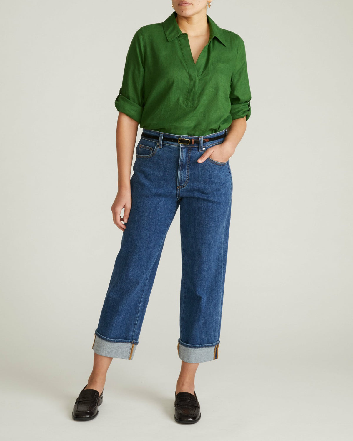 Button Back Linen Blend Polo Shirt - Green Park | Universal Standard
