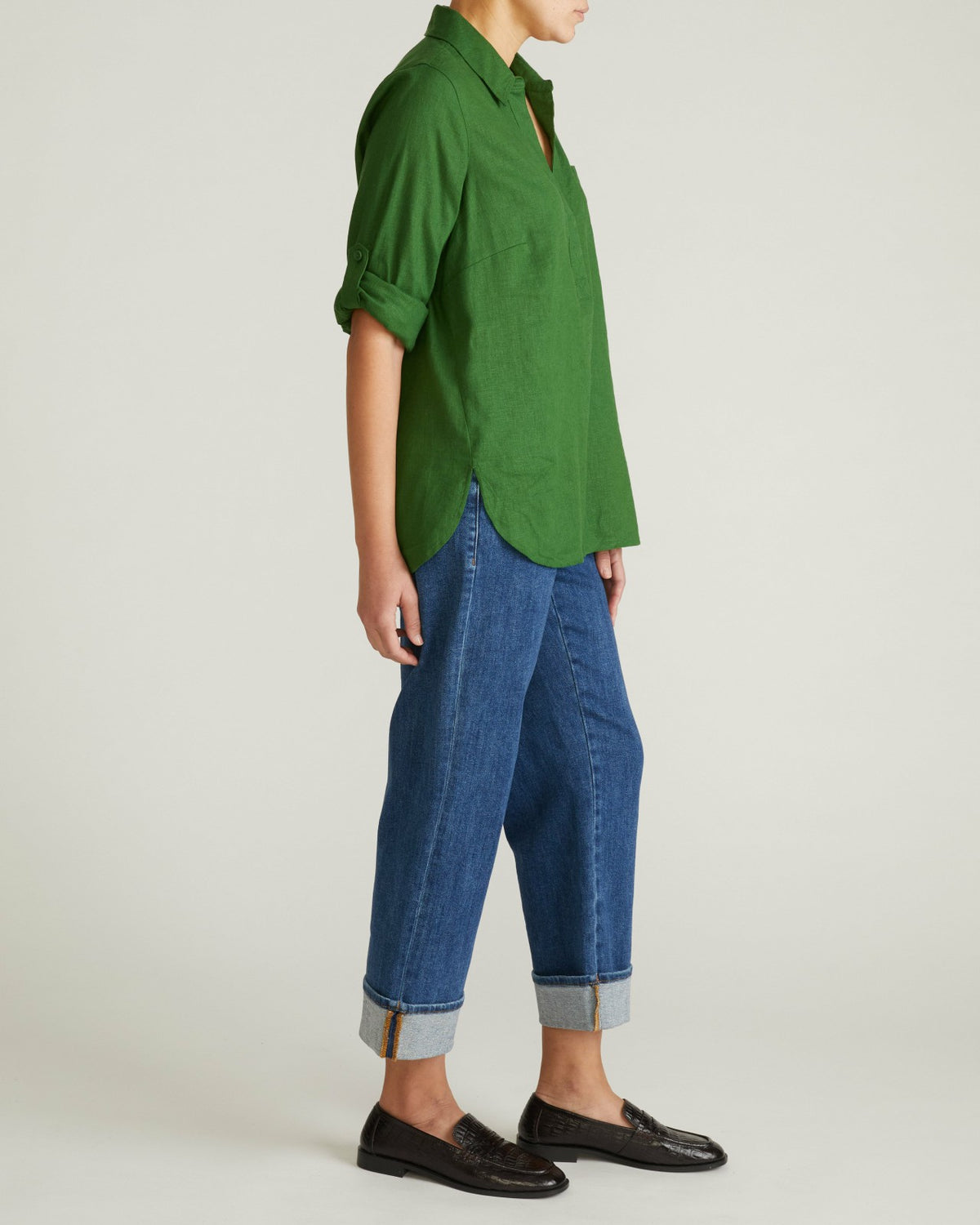 Button Back Linen Blend Polo Shirt - Green Park | Universal Standard