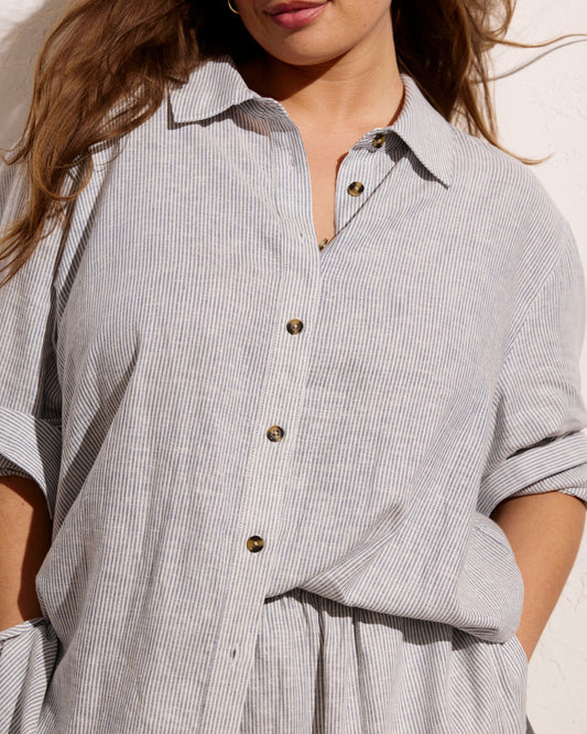 Dawn Linen Blend Hi Low Tunic - Beach Stripe | Universal Standard