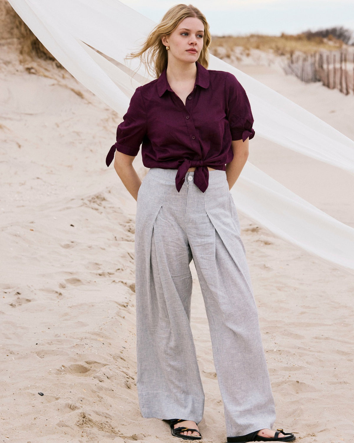 Marley Wide Leg Linen Blend Pants - Beach Stripe | Universal Standard