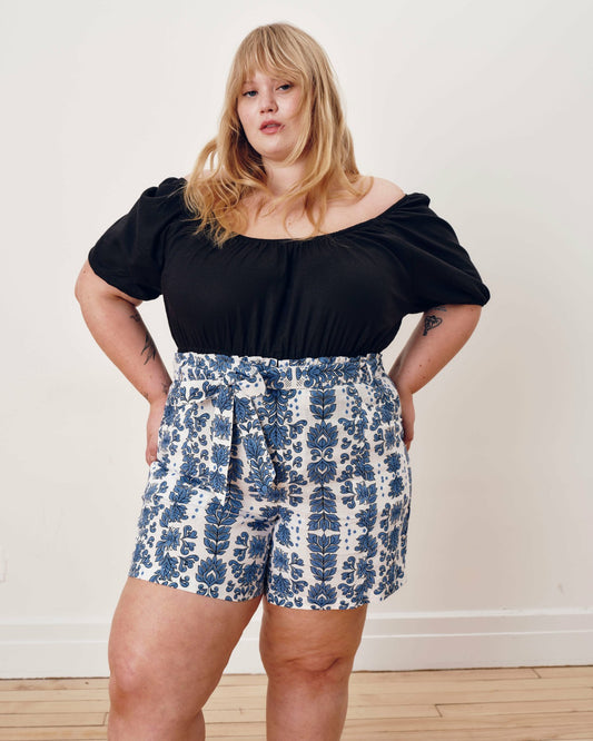 Harbor Stretch Linen Blend Paperbag Shorts - Rococo Beach Print | Universal Standard