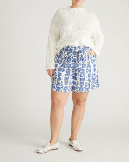 Harbor Stretch Linen Blend Paperbag Shorts - Rococo Beach Print | Universal Standard