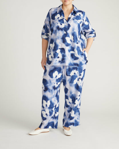 Iris Linen Blend Easy Pull-On Pants - Blue Pressed Flower Print | Universal Standard