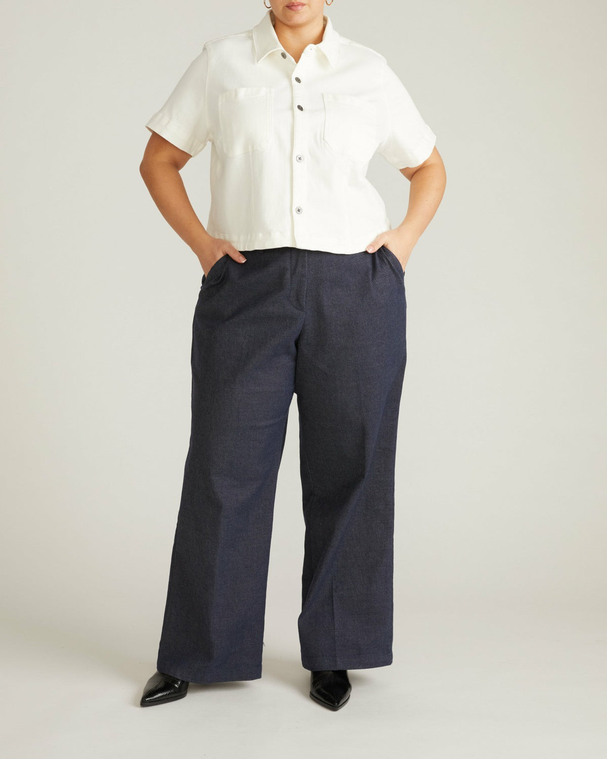 Flynn Short Sleeve Denim Shacket - White | Universal Standard
