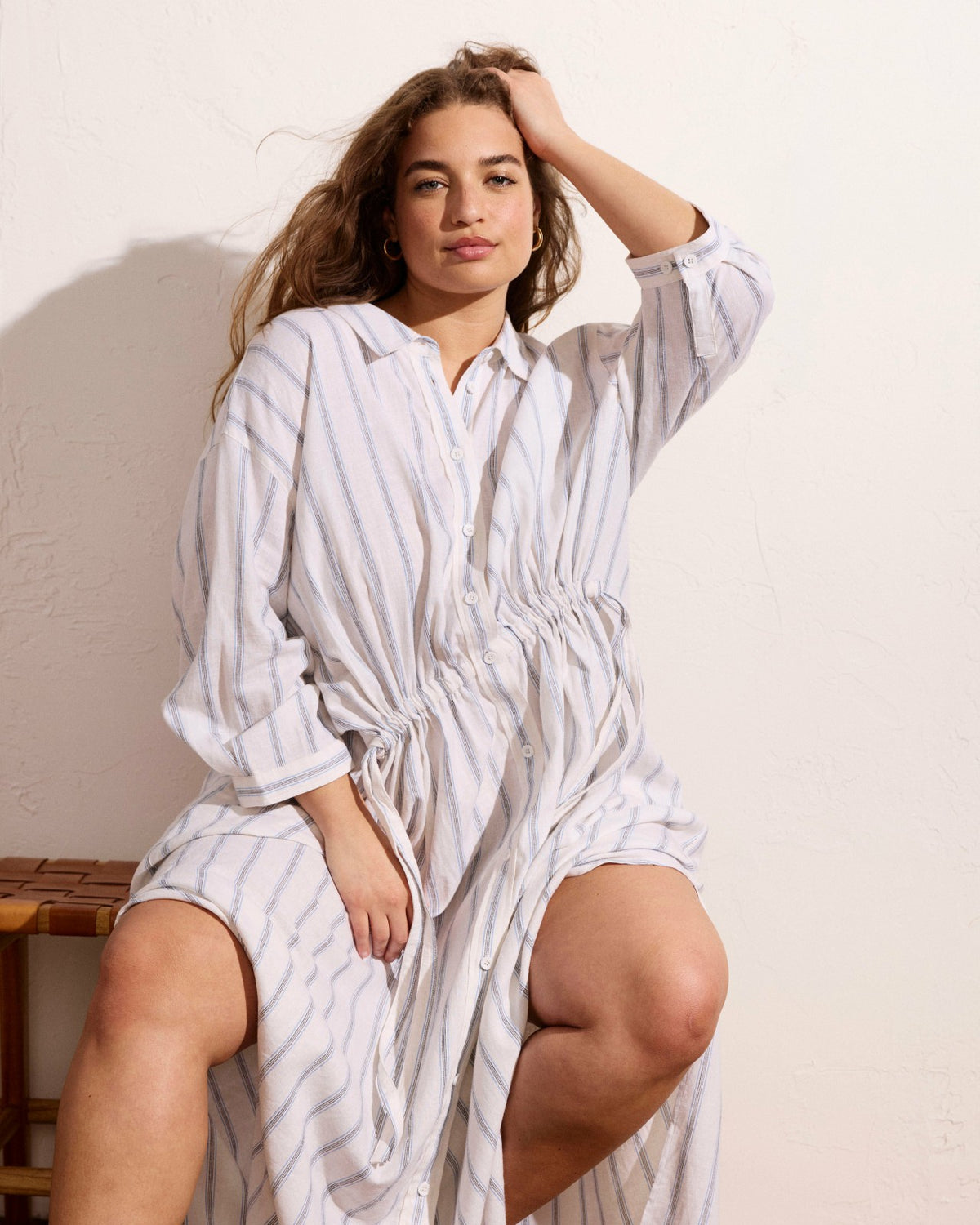 Paros Drawstring Linen Blend Shirtdress - Mayfair Stripe | Universal Standard