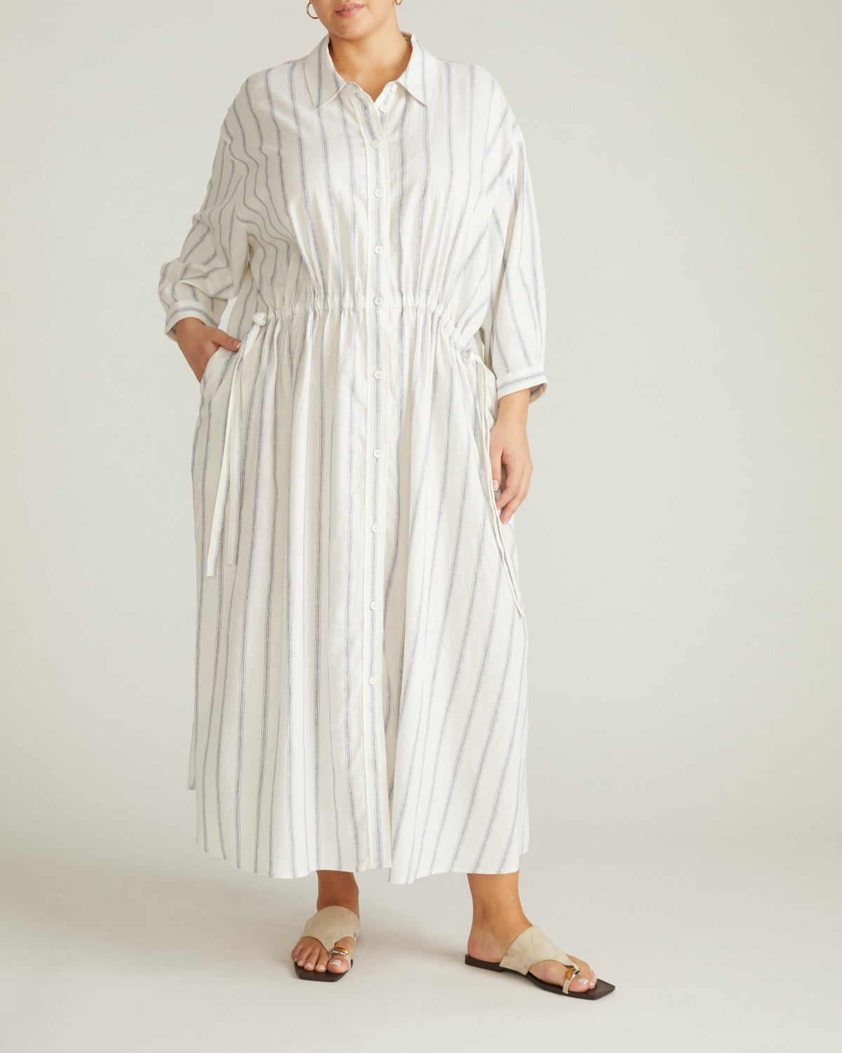 Paros Drawstring Linen Blend Shirtdress - Mayfair Stripe | Universal Standard